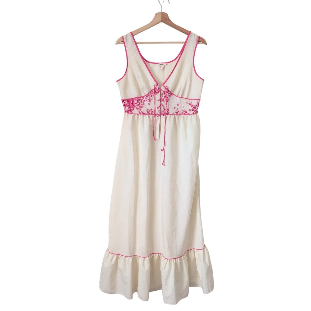 VTG 70s Saks Fifth Ave Cream Pink Floral Lace Up Maxi Dress 34‎ Large Coquette